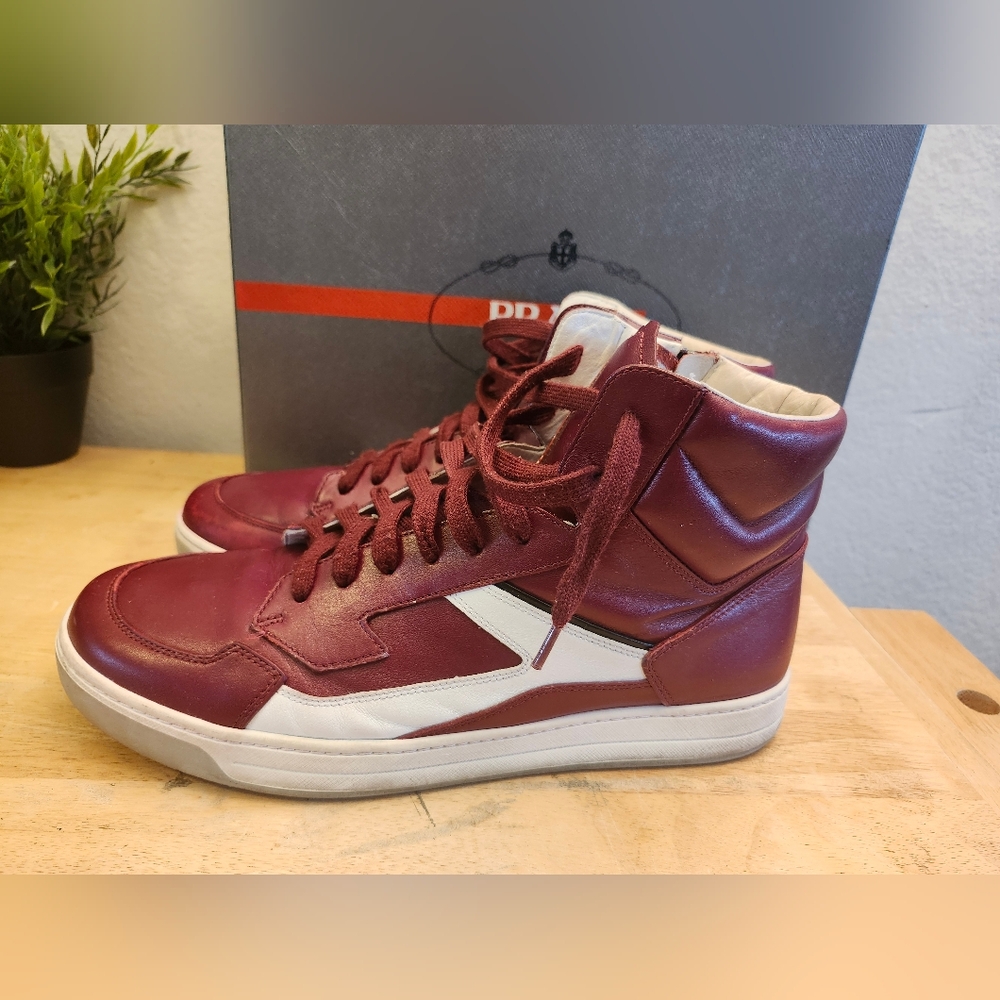 Prada Men’s Leather High‎ Top Sneaker Sz10 wine - Picture 6 of 13
